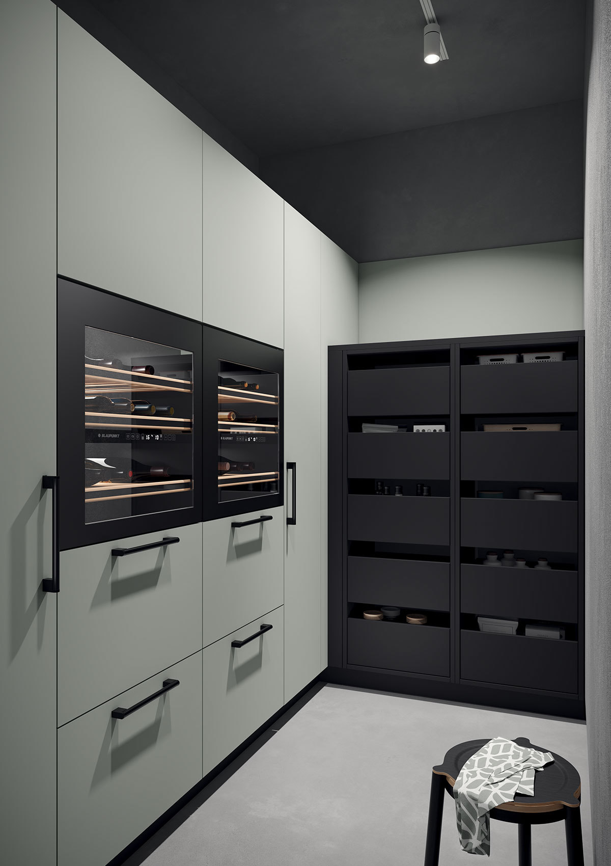 Moderner begehbarer Kleiderschrank mit schwarzen Schränken