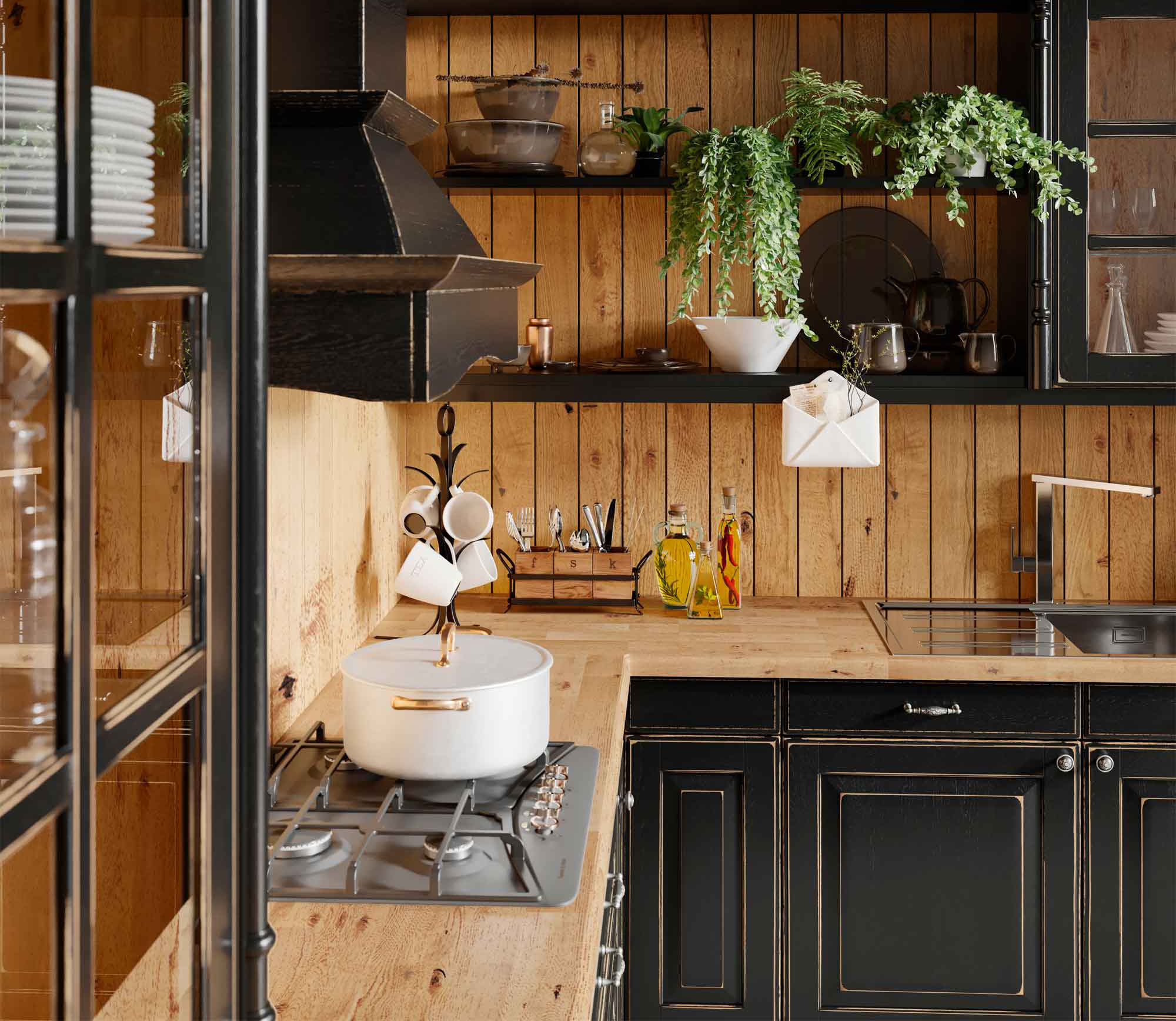 CASTEL_black_Details-Holz Rustikale Küche mit Holz und schwarzen Schränken