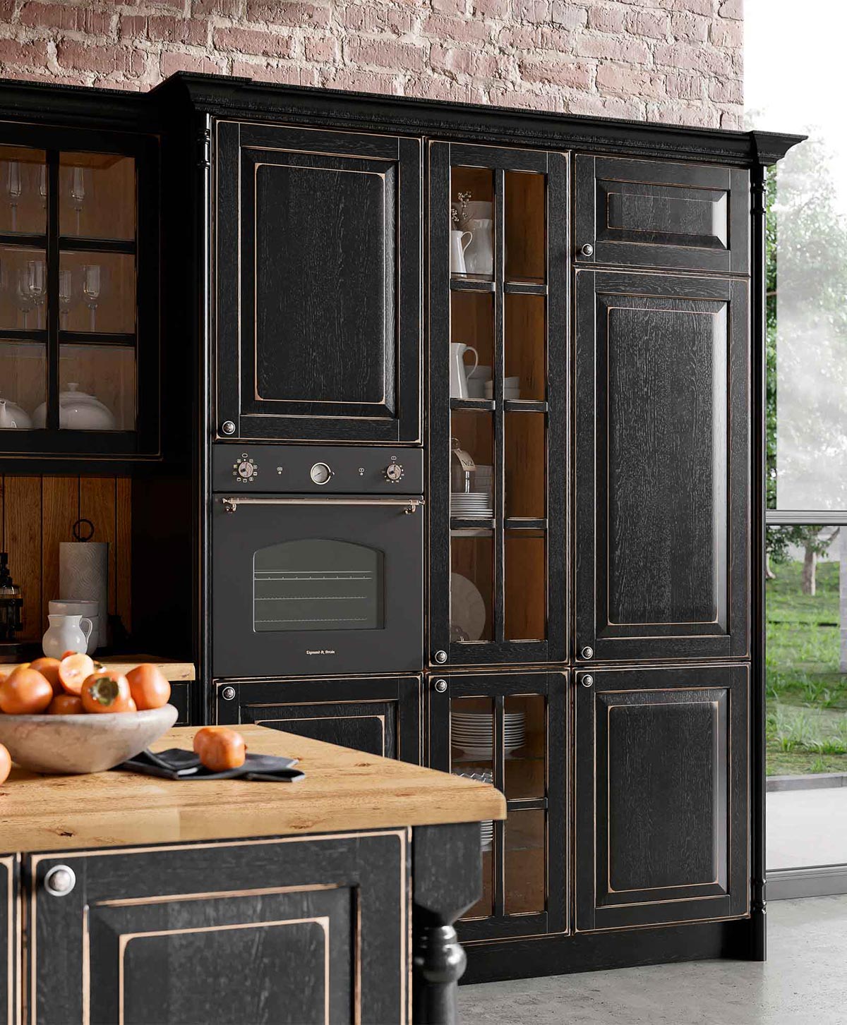 CASTEL_black_details Schwarze Küchenschränke mit Glastüren und Backofen