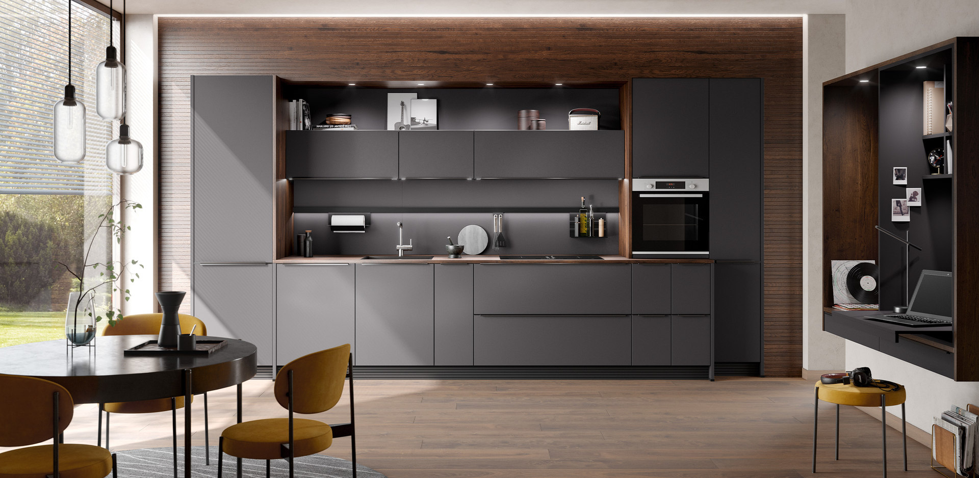 Moderne Küche mit grauen Schränken und Holzdetails