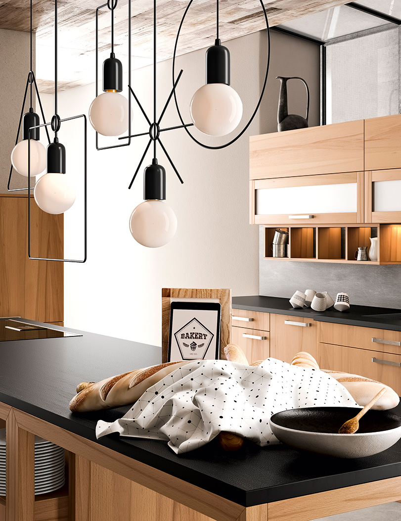 Forma-detail- Moderne Küche mit Hängelampen und Frühstückstheke