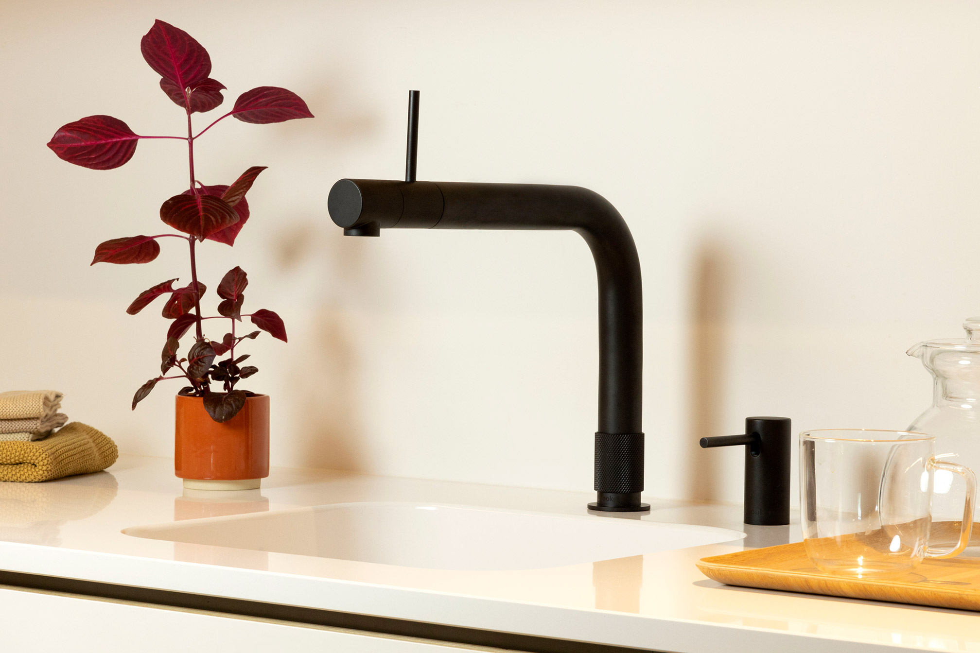 Quooker schwarz Moderne Küche mit schwarzem Wasserhahn und Pflanze