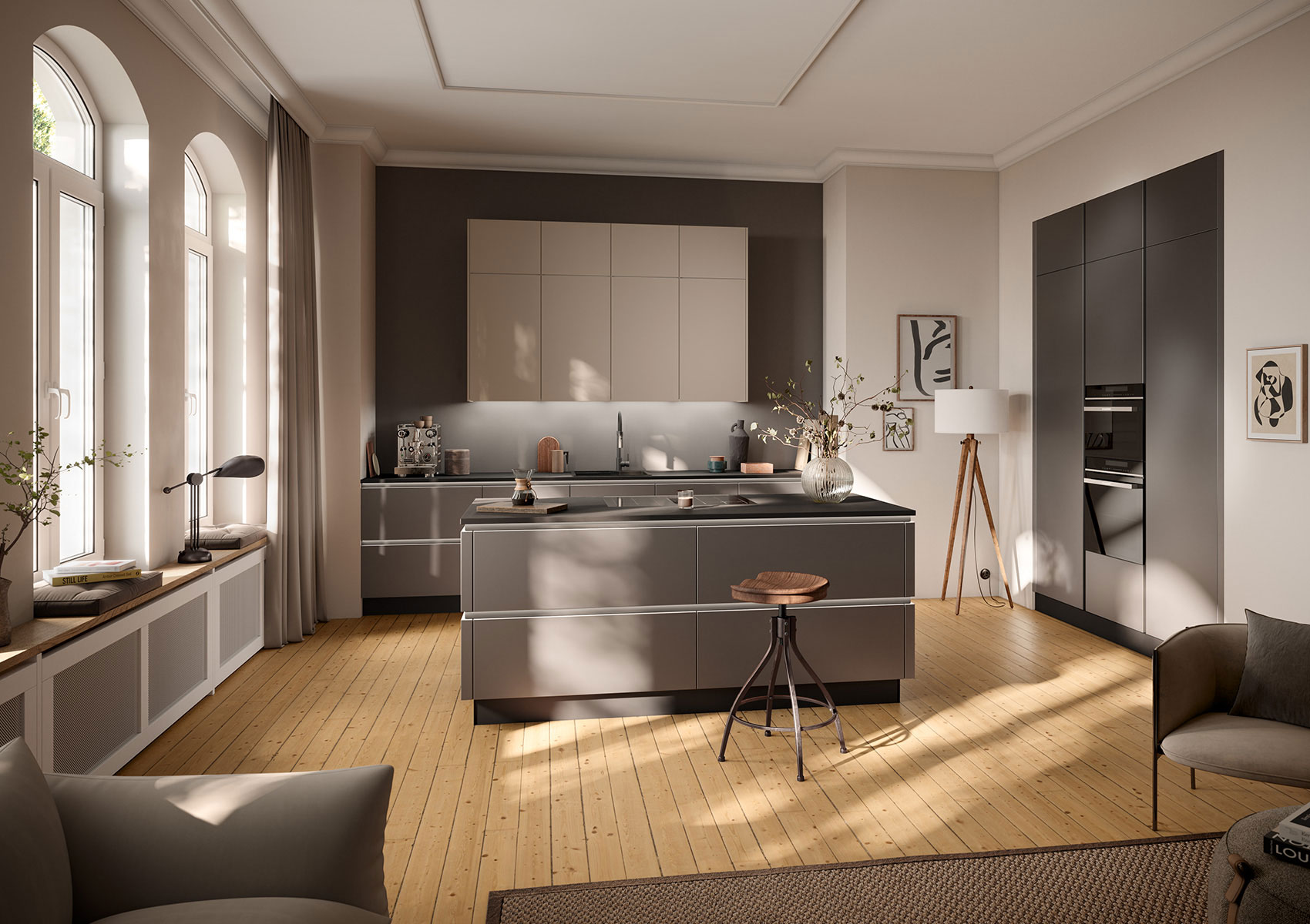 Smart_GL_Steingrau_M_Kehlleiste_beluchtet_ Moderne Küche mit stilvollem Design und Einrichtung