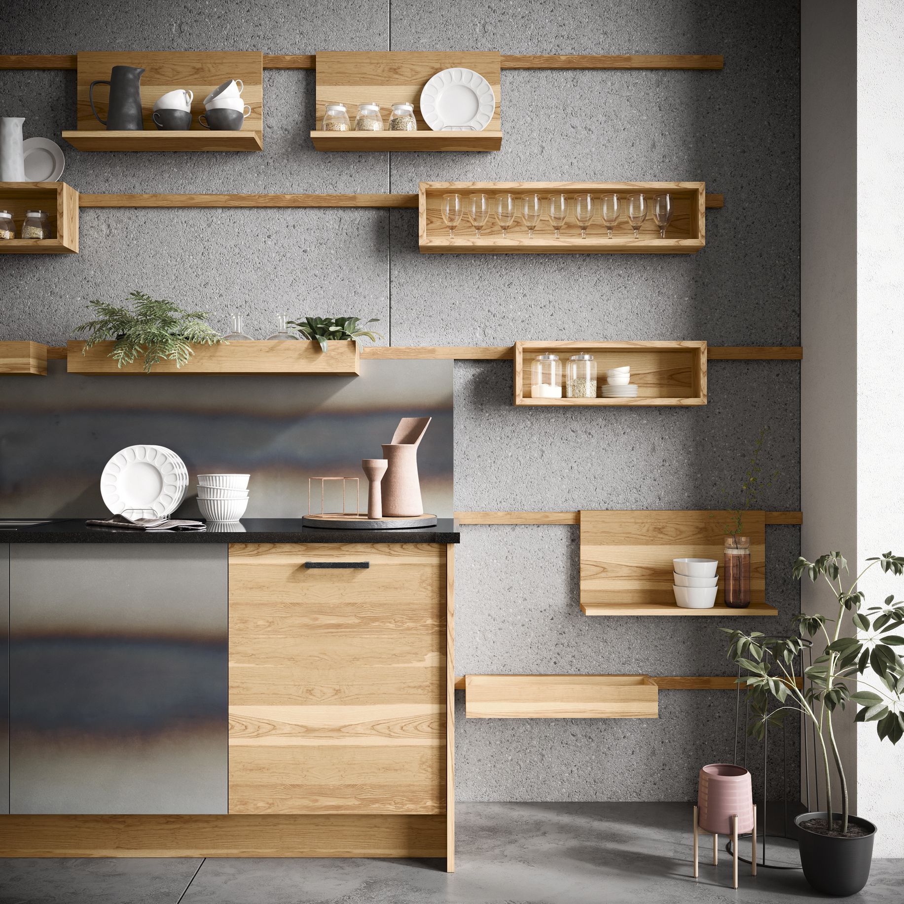 Moderne Küchengestaltung mit offenen Holzregalen