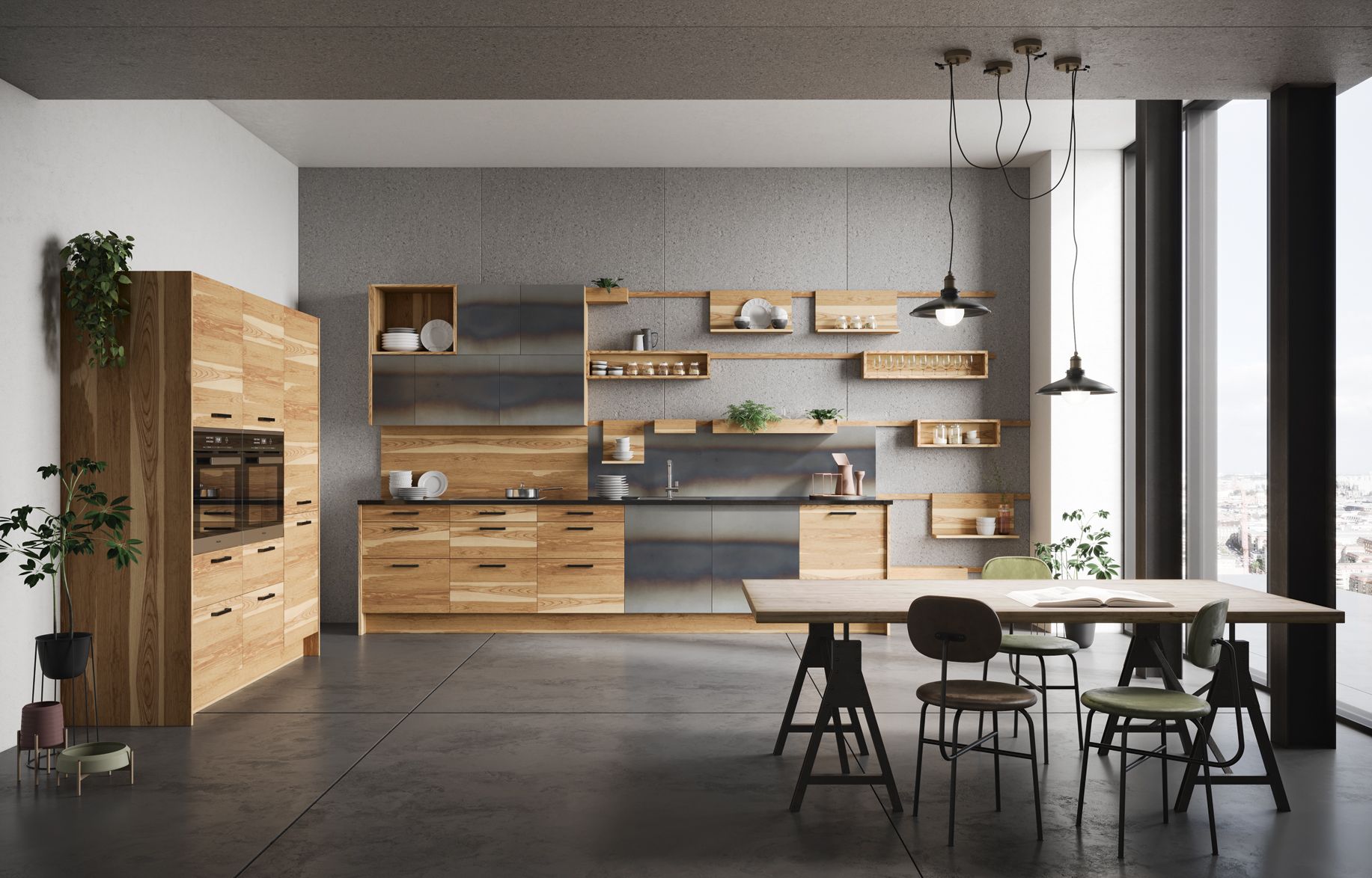 Moderne Küche mit Holzschränken und großem Fenster