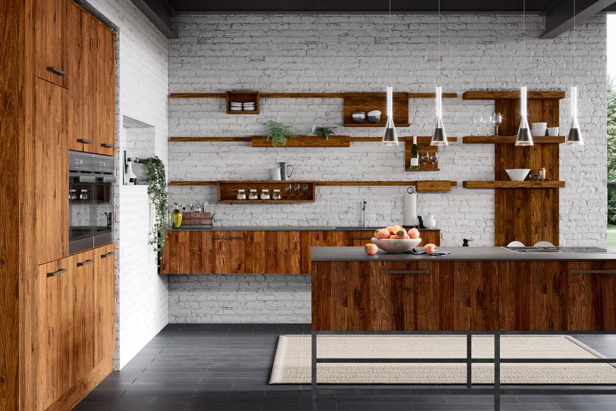 test Moderne Küche mit Holzmöbeln und weißen Wänden