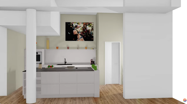 Moderne Küche mit Holzfußboden und Kunstwerk